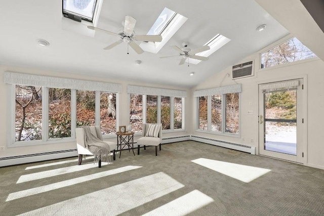 unfurnished sunroom featuring ceiling fan, lofted ceiling with skylight, a wall unit AC, and a baseboard heating unit