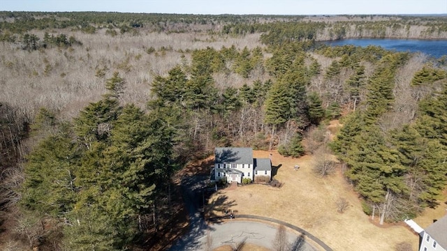 bird's eye view featuring a forest view and a water view