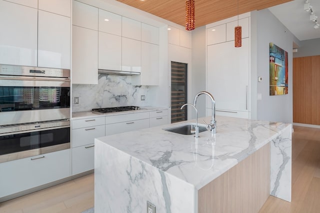 kitchen with a center island with sink, sink, light hardwood / wood-style flooring, and stainless steel appliances