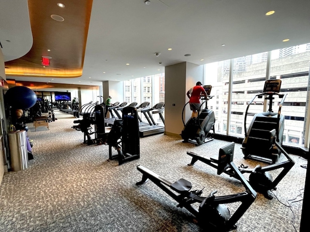 exercise room featuring a wall of windows, plenty of natural light, and carpet flooring