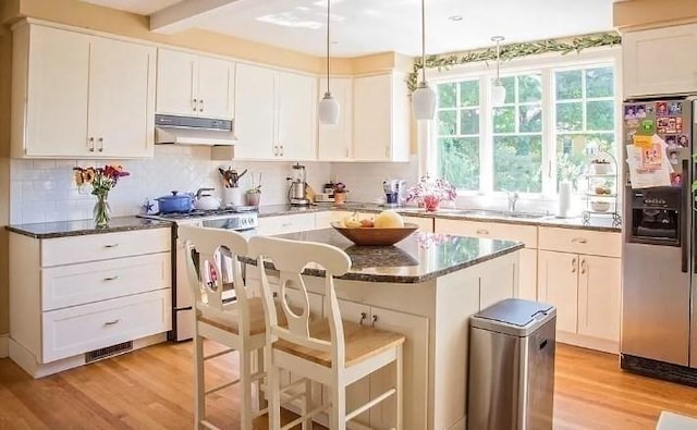 kitchen with stainless steel appliances, light wood-type flooring, under cabinet range hood, white cabinetry, and backsplash