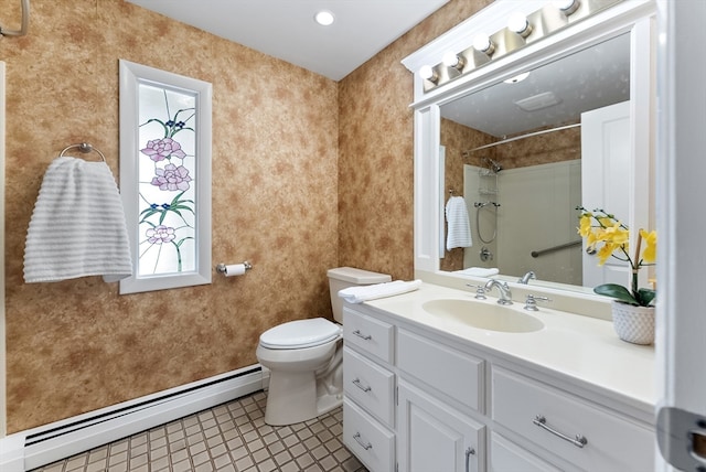 bathroom featuring toilet, tile patterned floors, baseboard heating, vanity, and a shower