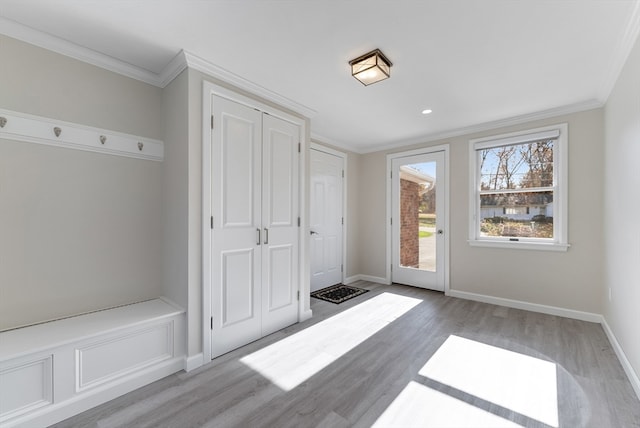 mudroom with hardwood / wood-style floors and crown molding