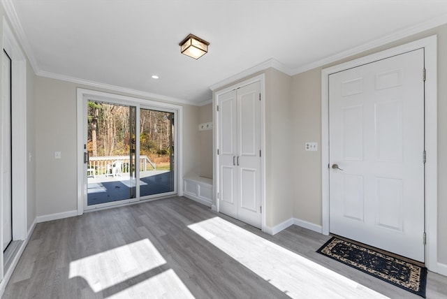 interior space featuring access to exterior, light wood-type flooring, and ornamental molding