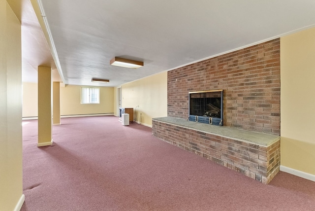 interior space with a baseboard heating unit, a brick fireplace, carpet floors, and ornamental molding