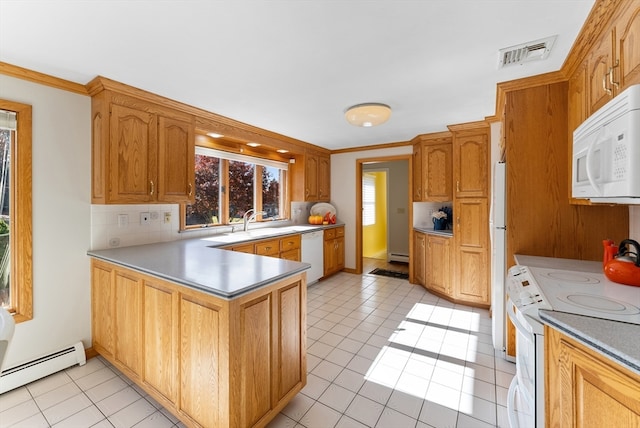 kitchen featuring decorative backsplash, a baseboard radiator, light tile patterned floors, and white appliances