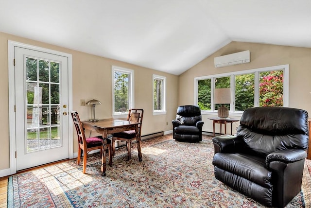 25 Pheasant Cove Cir, Yarmouth, MA 02675 - dining room with a wall mounted air conditioner, plenty of natural light, vaulted ceiling, wood finished floors, and a baseboard heating unit