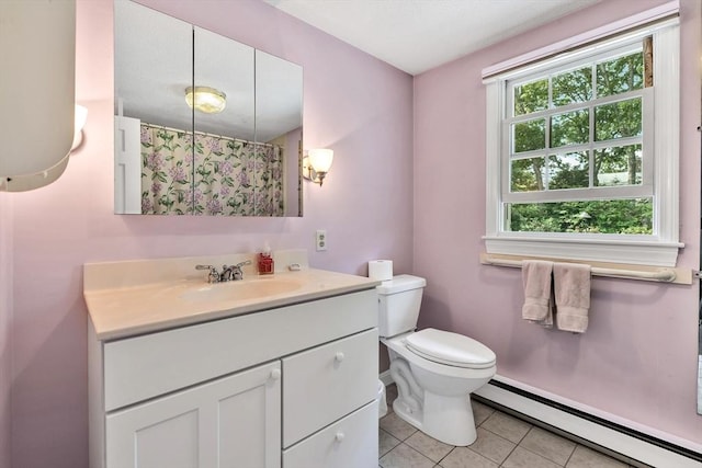 25 Pheasant Cove Cir, Yarmouth, MA 02675 - bathroom featuring baseboard heating, tile patterned floors, vanity, and curtained shower