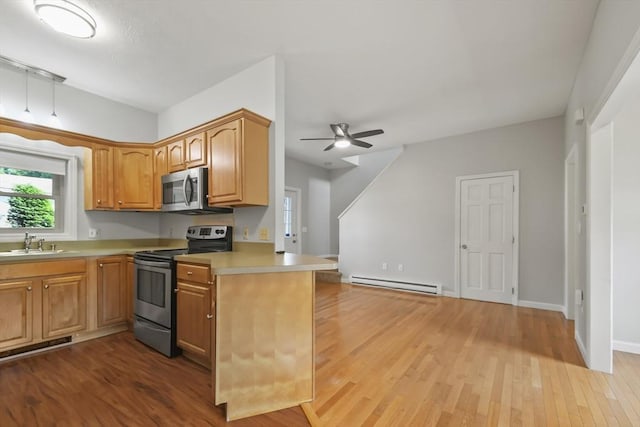 192 Pleasant St Unit 3, Leominster, MA 01453 - kitchen with appliances with stainless steel finishes, baseboard heating, a sink, wood finished floors, and a peninsula