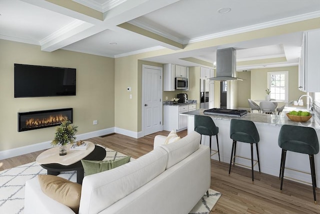 living area featuring baseboards, light wood finished floors, ornamental molding, a glass covered fireplace, and beamed ceiling