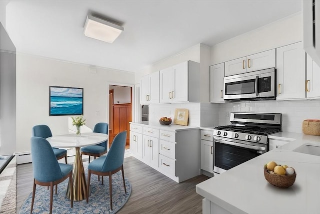 kitchen featuring backsplash, appliances with stainless steel finishes, and white cabinets