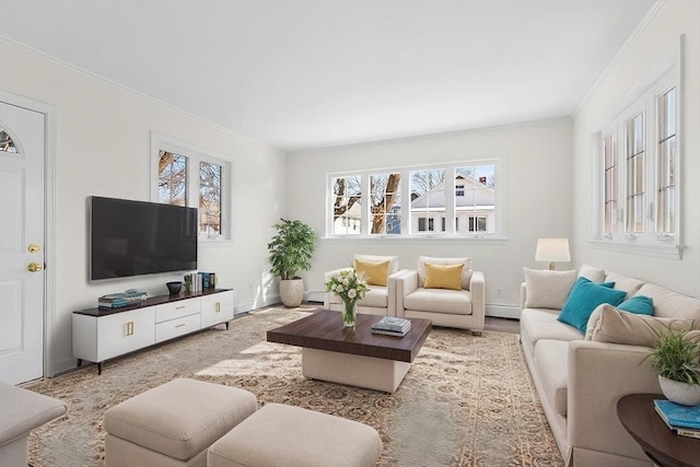 living room featuring crown molding and a wealth of natural light