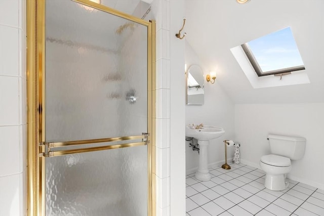 bathroom featuring tile patterned flooring, an enclosed shower, lofted ceiling with skylight, and toilet