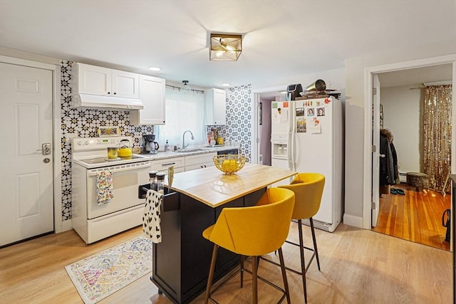 22 Tampa St, Worcester, MA 01604 - kitchen with white appliances, under cabinet range hood, light countertops, a sink, and light wood-style floors