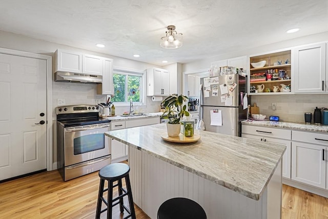 22 Tampa St, Worcester, MA 01604 - kitchen featuring appliances with stainless steel finishes, under cabinet range hood, a sink, a breakfast bar, and white cabinets