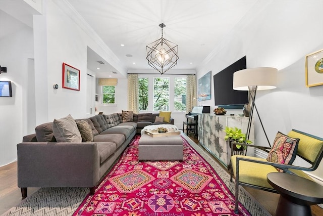 9 Bond St, Boston, MA 02118 - living area featuring ornamental molding, a chandelier, wood finished floors, and recessed lighting