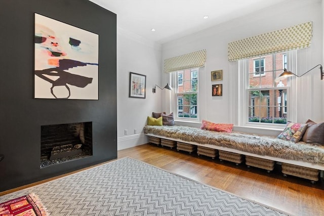 9 Bond St, Boston, MA 02118 - living area featuring wood finished floors, ornamental molding, and a fireplace