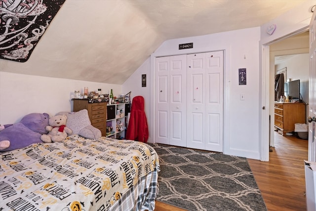 bedroom featuring lofted ceiling, a closet, and wood-type flooring