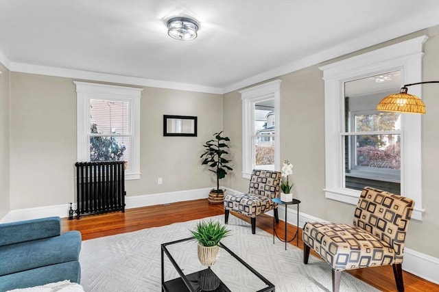 living room with a wealth of natural light, light hardwood / wood-style flooring, and crown molding