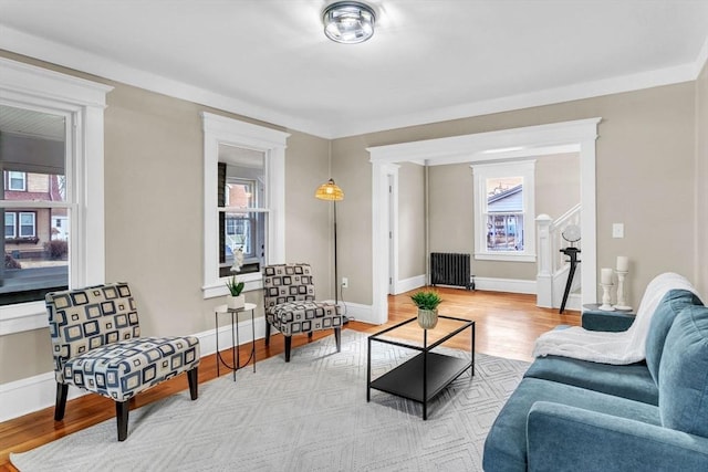 living room with light hardwood / wood-style floors and radiator heating unit