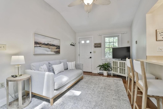 1 Columbine Rd, Milton, MA 02186 - living area featuring lofted ceiling, a ceiling fan, wood finished floors, and baseboards