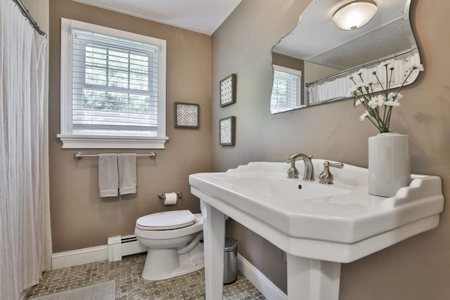 1 Columbine Rd, Milton, MA 02186 - bathroom with toilet, baseboard heating, baseboards, and a shower with shower curtain
