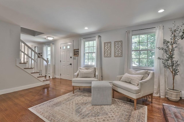 1 Columbine Rd, Milton, MA 02186 - sitting room featuring healthy amount of natural light, stairs, wood finished floors, and recessed lighting