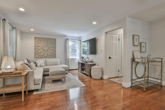 1 Columbine Rd, Milton, MA 02186 - living room with wood finished floors, recessed lighting, baseboard heating, and baseboards