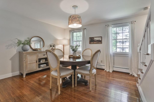 1 Columbine Rd, Milton, MA 02186 - dining room featuring stairs, dark wood-type flooring, and baseboards