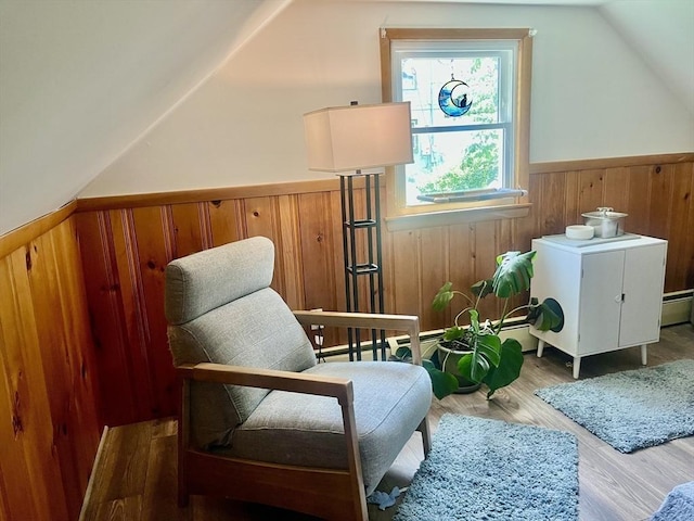 35 Marsh Ave, Worcester, MA 01605 - sitting room featuring a wainscoted wall, vaulted ceiling, wooden walls, and wood finished floors