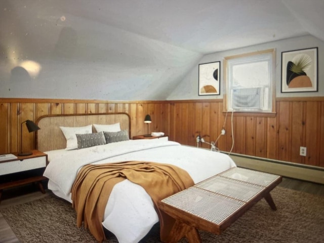 35 Marsh Ave, Worcester, MA 01605 - bedroom featuring wood finished floors, vaulted ceiling, wood walls, a wainscoted wall, and a baseboard radiator