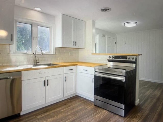 35 Marsh Ave, Worcester, MA 01605 - kitchen with stainless steel appliances, wood counters, dark wood-style flooring, decorative backsplash, and white cabinetry