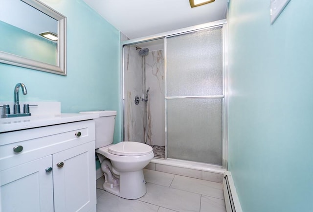 full bathroom with baseboard heating, toilet, a shower stall, vanity, and tile patterned flooring