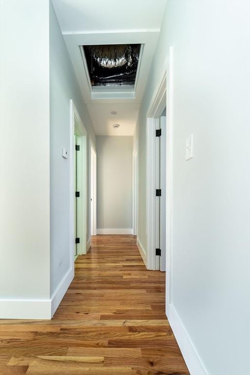 corridor with light wood-type flooring and baseboards