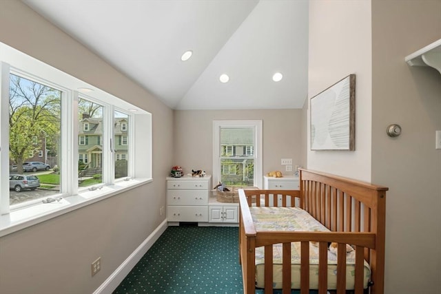 bedroom with vaulted ceiling, baseboards, dark carpet, and recessed lighting