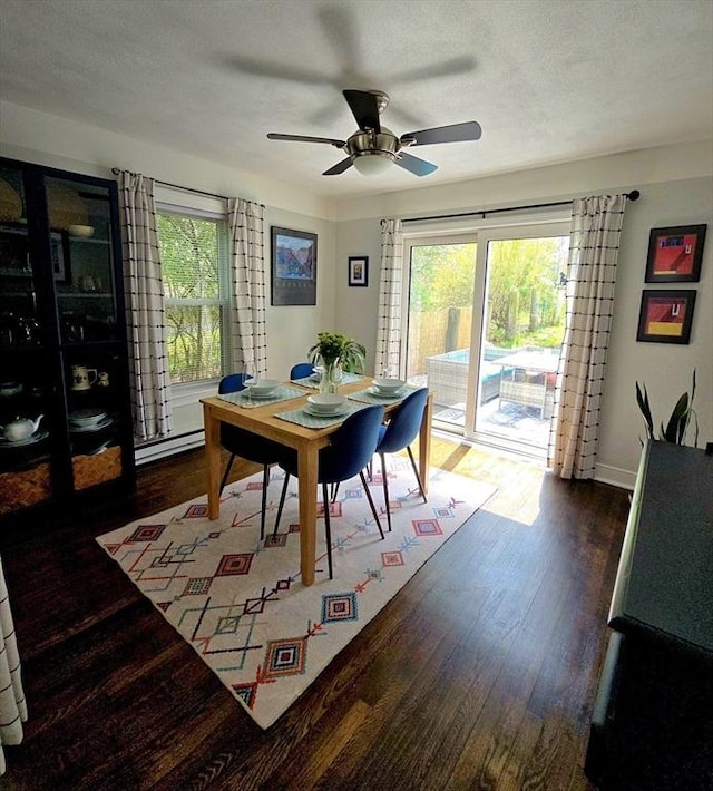 dining room with healthy amount of natural light, wood finished floors, a baseboard heating unit, and ceiling fan
