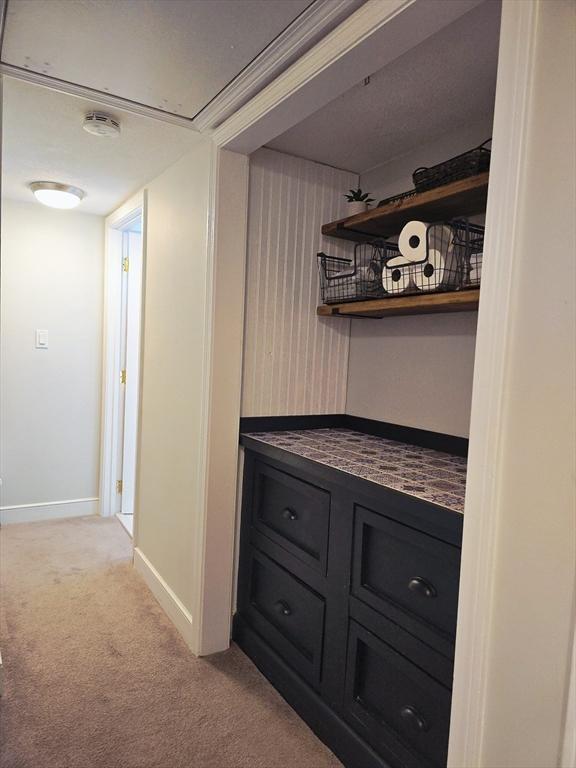 hall with light colored carpet and baseboards