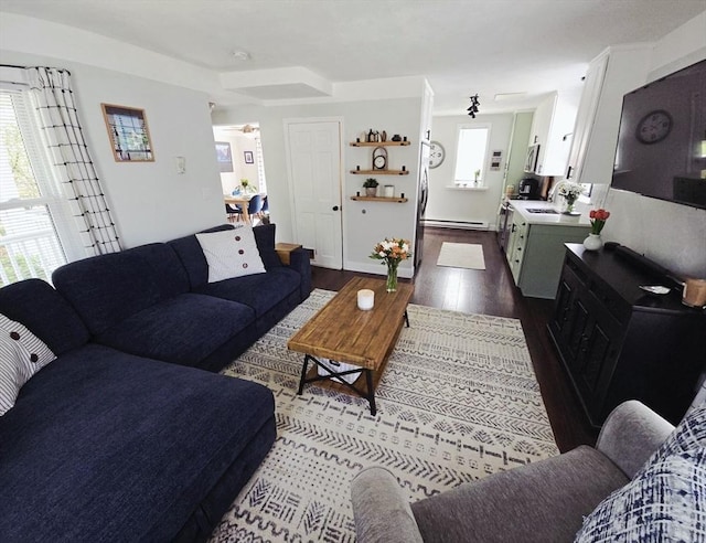 living area with dark wood-style floors and a baseboard radiator