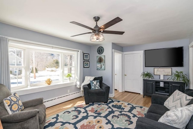 living area with a ceiling fan, baseboard heating, and wood finished floors