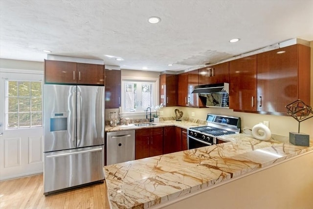 35 Merrymount Rd Unit 12, Quincy, MA 02169 - kitchen with stainless steel appliances, a sink, a peninsula, recessed lighting, and light wood-style flooring