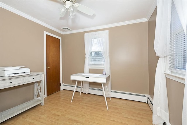 home office featuring visible vents, a ceiling fan, light wood-style floors, and ornamental molding