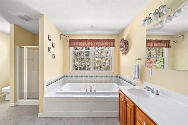 full bathroom featuring visible vents, a garden tub, toilet, and a shower stall