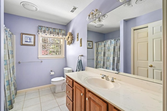 full bath with tile patterned flooring, vanity, toilet, baseboards, and visible vents