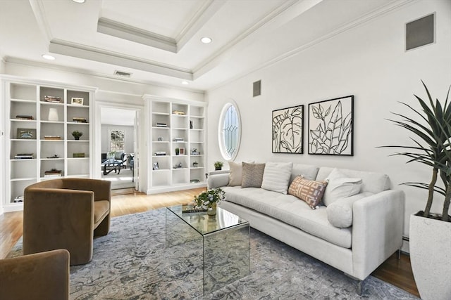 15 Alden Rd, Wellesley, MA 02481 - living area with ornamental molding, wood finished floors, recessed lighting, a baseboard heating unit, and a raised ceiling
