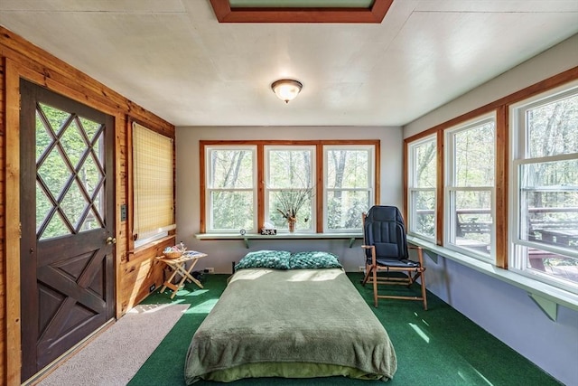 sunroom / solarium with plenty of natural light and carpet flooring