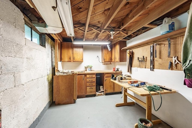 below grade area featuring concrete block wall and a workshop area