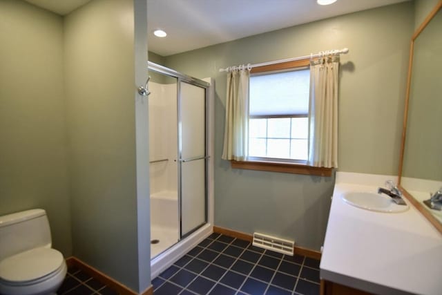 bathroom featuring visible vents, a stall shower, baseboards, toilet, and vanity