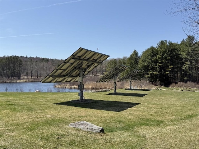 view of community featuring a yard, a forest view, and a water view
