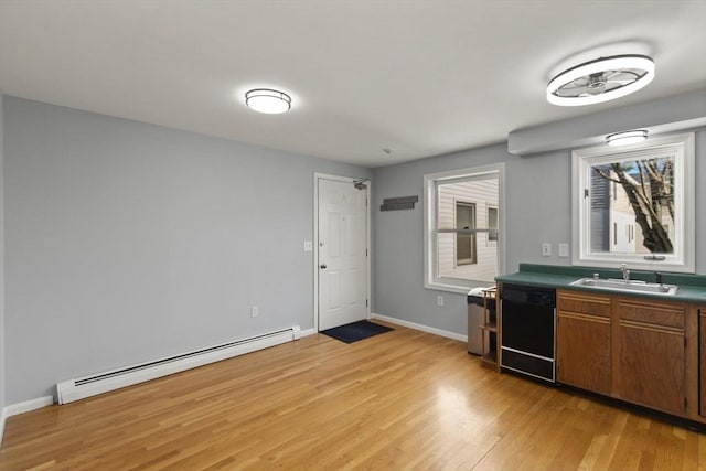 kitchen with light hardwood / wood-style flooring, sink, black dishwasher, and a baseboard radiator