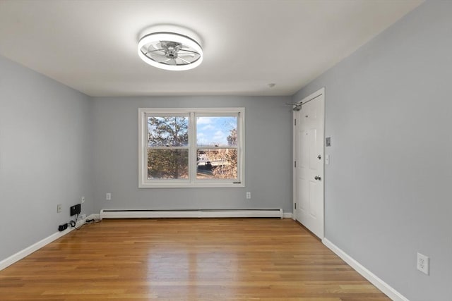 empty room with light hardwood / wood-style flooring and baseboard heating